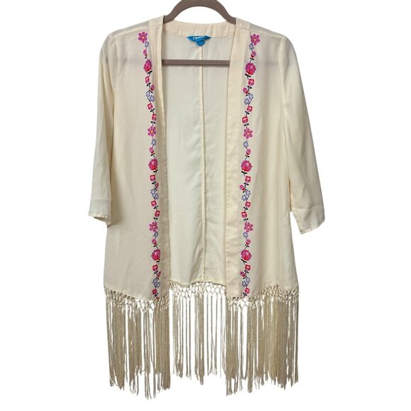 L'Amour Tops - L'Amour Nanette Lepore M Floral Fringe Kimono Cardigan Cream Lightweight Boho La